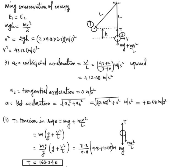 uring conservation of energy Ei=E2 ngh= mv2 2 Th v² = 29h = (2x9.842.2/(m/s2 V?= 43.12 Cm/s)? ung thu H) acs centrepetal acce
