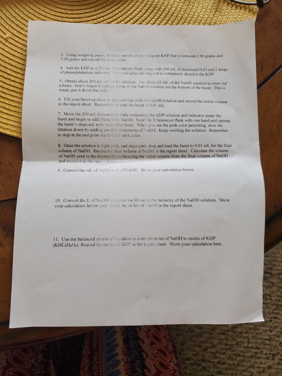 3. Using weighing paper, weigh a sample of your impure KHP that is between 1.00 grams and 1.20 grams and record the exact ass