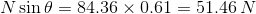 N\sin \theta =84.36 \times 0.61=51.46\,N