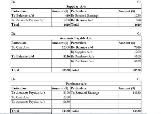 DI CI Particulars To Balance c/d To Accounts Payable A/C Total Supplies A/C Amount ($) Particulars 410 By Retained Earnings 1