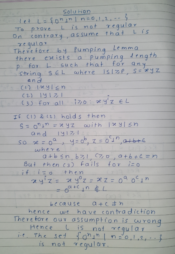L To on solution let L=çonin I n=0,1,2,.- } prove is not regular contrary, assume that L is regular Therefore by pumping Lemm