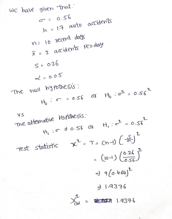We have given that. 0.56 u = 1.7 auto accidents n=10 recent days X-2 accidents peo day S = 0.26 0.05 The huu hypothesis : H:0