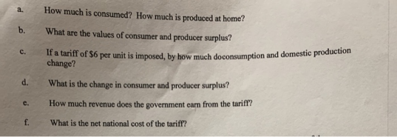 How much is consumed? How much is produced at home? What are the values of consumer and producer surplus? If a tariff of $6 p