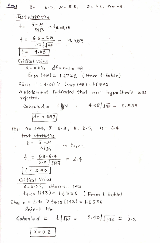 t= Ans i X 6.5, M = 5.8, 0 = 1.2, .N= 49 · Test statistics -H 10 t = 65- 5.8 - 4.0.83 - 721579 t = 4.087 Critical value = 0.0