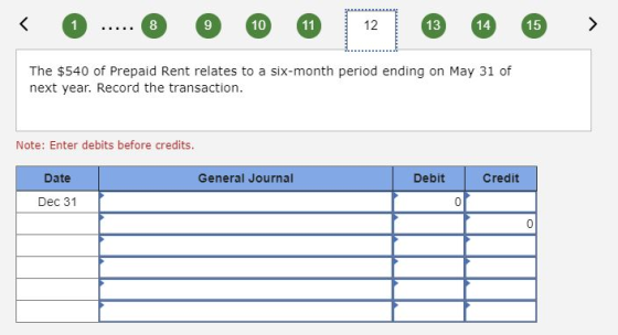 O... O O O O 12 ® ® > The $540 of Prepaid Rent relates to a six-month period ending on May 31 of next year. Record the transa