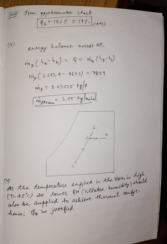 (T=45°C) so lower RH Chellative humidity) should ih from psychromatic chart 194 = 19.1% a ~194. balance across HX, energy = 7