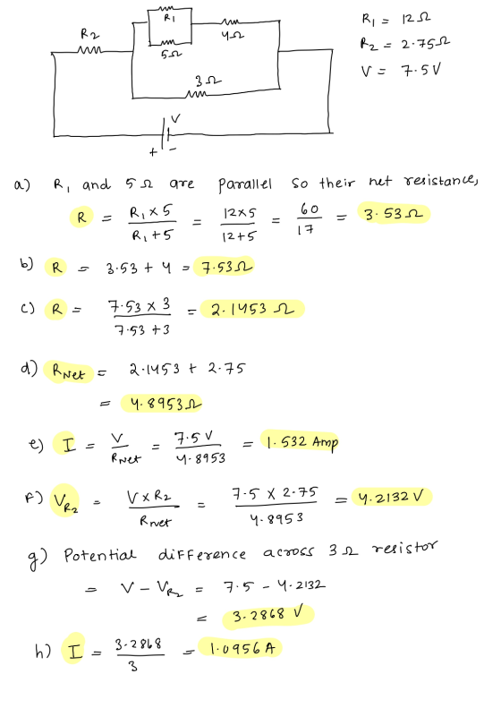 RI R2 ya um 52 Ri=122 R2=2.752 v= 7.50 302 + a) R, and 512 are parallel So their net resistance, R 12x5 60 3.532 R, x5 Ri+5 1