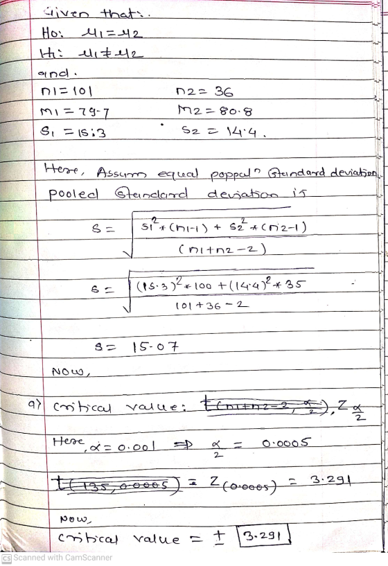 Given thati. Ho: e1=42 Hii elite2 and. ni= 101 M1 =79-7 Si = 15;3 12= 36 M2=80.8 S2 = 14.4 Here, Assum equal poppal standard