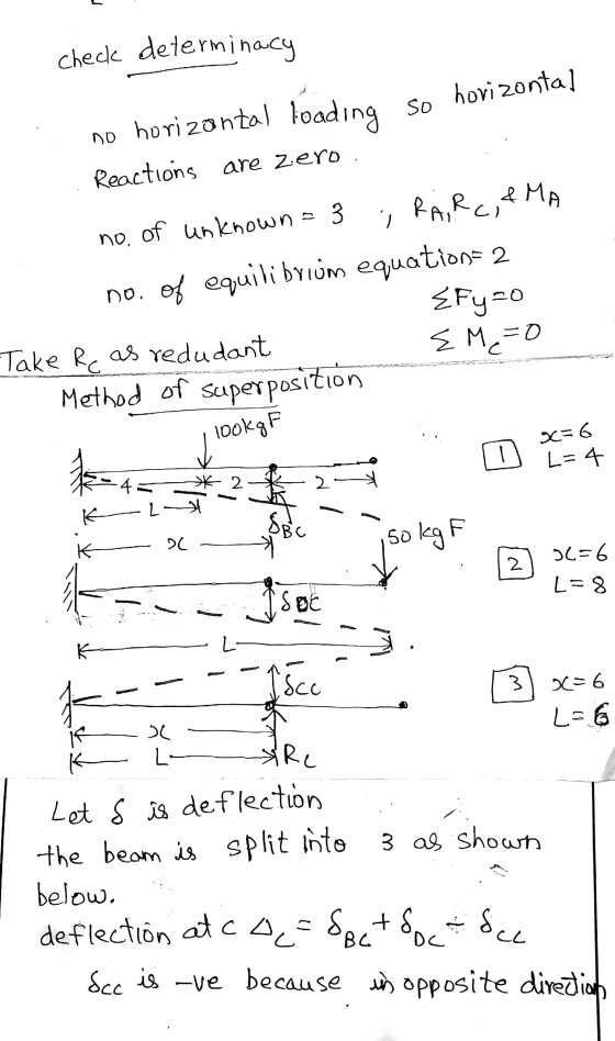 check determinacy no horizontal loading so horizontal Reactions are zero 3 . ☺ no. of unknown RA, RC, & MA no. of equilibrium