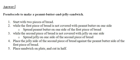 Answer: Pseudocode to make a peanut-butter-and-jelly-sandwich ith two pieces of bread Spread peanut butter on one side of the