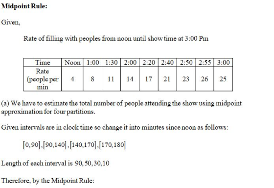 Midpoint Rule: Given, Rate of filling with peoples from noon until show time at 3:00 Pm Noon 1:00 1:30 2:002:20 2:40 2:50 2:5