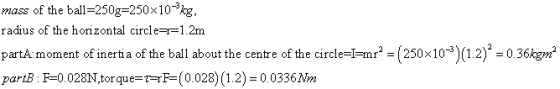 mass of the ball-250g-250x10-kg, radius of the horizontal circle= 1.2m partA moment of inertia of the ball about the centre o