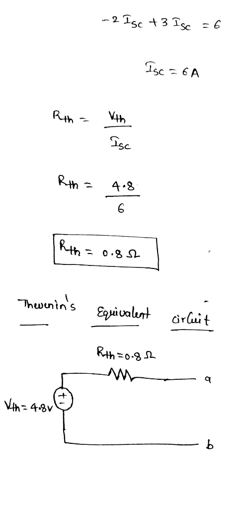 -2 Isc +3 Isc =6 Isc = 6 A Vth Rth Isc Rth 4.8 Rth Thwenins Equivalent carlit Rth =0-8 2 Vth=4.8V