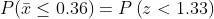 P(\bar{x}\leq 0.36)=P\left(z<1.33\right )