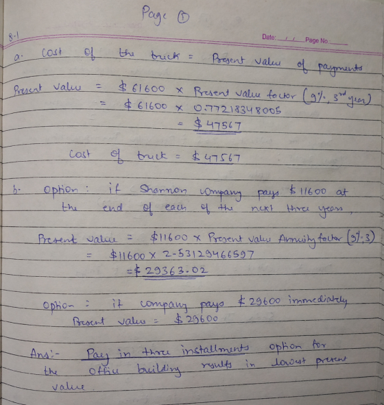 Pag Date: 3-1 Page No the Cost Pregent valu pamant trick a. 61600 xResent valu feutor Bresent Valu 17 3n) $61600 x O7721834OO