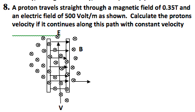 Image for 8. A proton travels straight through a magnetic field of 0.35T and an electric field of 500 Volt/m as shown. C