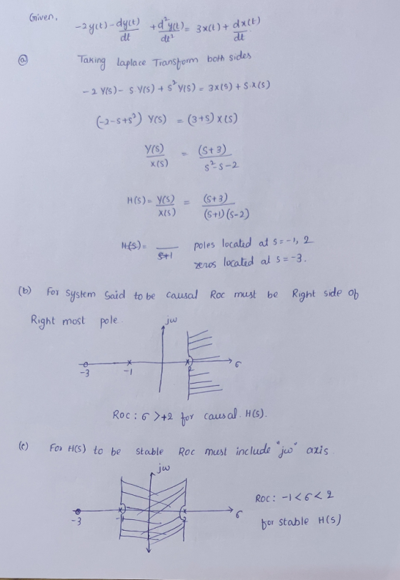 Given, -2 y(t)-dyct) - dt +. 3x11) + d(1) d yn de Taking laplace Transform both sides -2. Y6 ) - S.763) + s’y15) - 3X(9) + S-