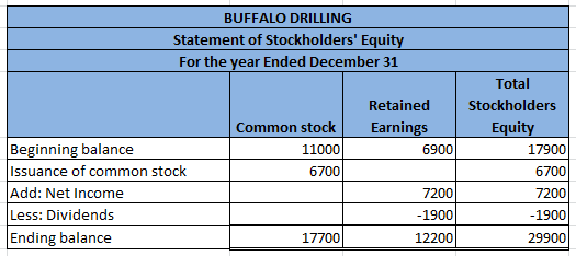 BUFFALO DRILLING Statement of Stockholders Equity For the year Ended December 31 Common stock 11000 6700 Retained Earnings 6