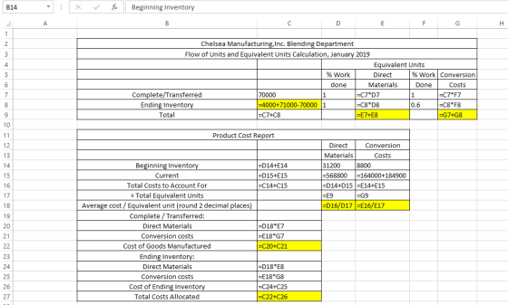fe B14 Beginning Inventory Н Chelsea Manufacturing, Inc. Blending Department Flow of Units and Equivalent Units Calculation,