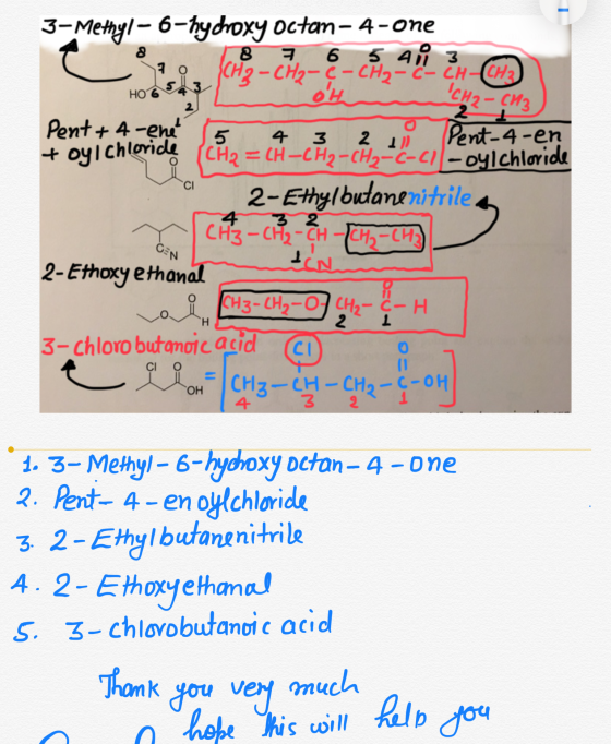 3-Methyl - 6-hychoxy octan-4-one H2-CH2 4 3 2 Pent+4-ene + oyi Chloride A 2 Pent-4-en =CH-CH2-CH2----oyl chloride 2-Ethylbuta