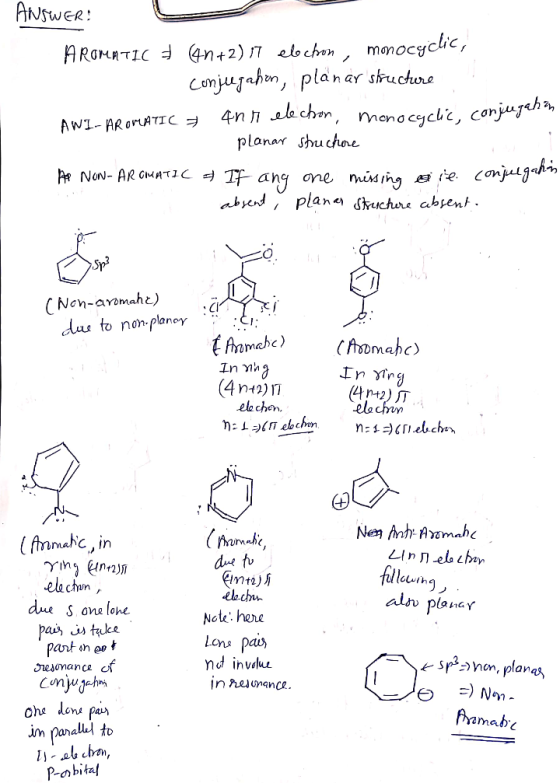 ANSWER: AROMATIC(n+2) 17 ebochon, monocyclic, conjugahon, planar structure ANI-AROMATIC & 4nr elechon, monocyclic conjugation