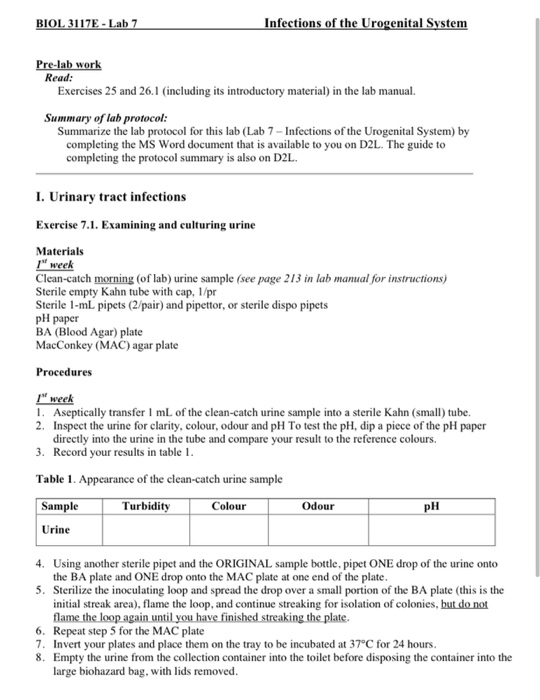 BIOL 3117E - Lab 7 Infections of the Urogenital System Pre-lab work Read: Exercises 25 and 26.1 (including its introductory m