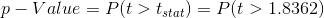 p-Value = P(t > tstat) = P(t > 1.8362)