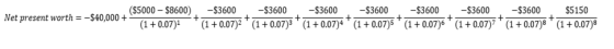 ($5000 - $8600) Net present worth = -$40,000+ (1 +0.07) + -$3600 -$3600 -$3600 -$3600 -$3600 -$3600 -$3600 $5150 + + + + + +