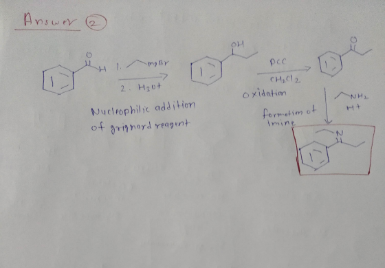Hnswer Answer PCC LH 1. MaBr D omic 2. Haut CH₂012 oxidation NH2 Nucleophilic addition of grignard reagent formation of mine