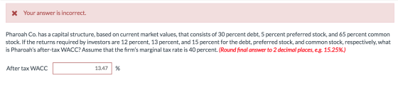 X Your answer is incorrect. Pharoah Co. has a capital structure, based on current market values, that consists of 30 percent