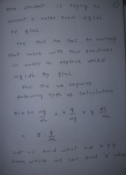 student is trying to from ugldL overt a value to gImL. for this he has to multiply that value with two fractions in order to