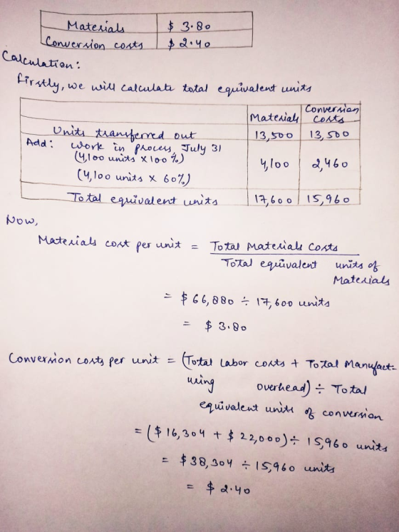 Materials Conversion costs $ 3.80 $2.40 Calculation: firstly, 13,500 we will calculate total equivalent units Conversion Mate