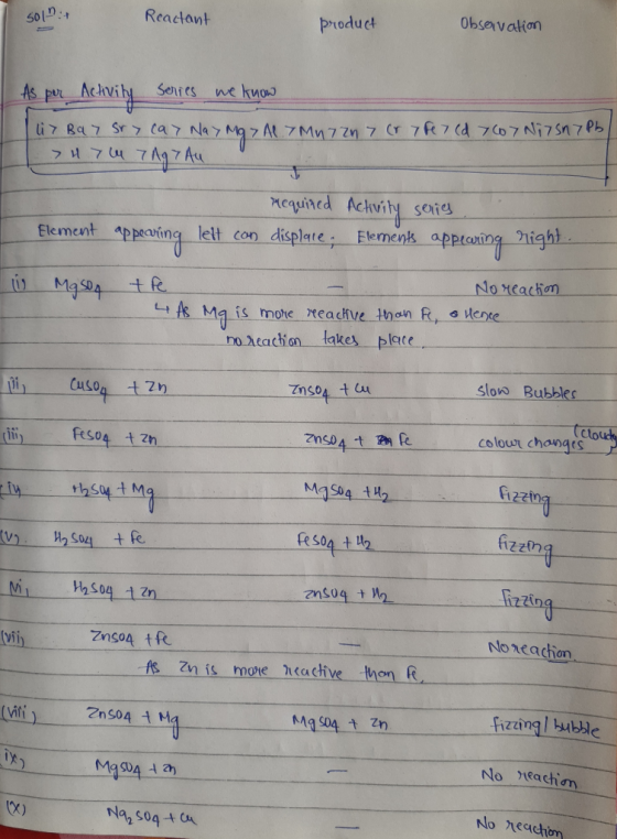 SOLD: 501:+ Reactant Reactant product product Observation Observation As per Activity Serres we know i7 Bay Sry cay Nay Mg A