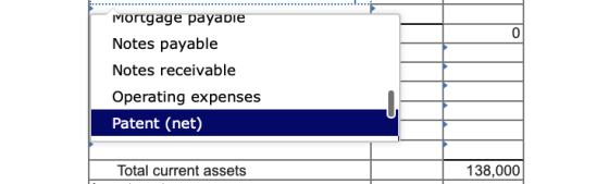 Mortgage payadie Notes payable Notes receivable Operating expenses Patent (net) Total current assets 138,000