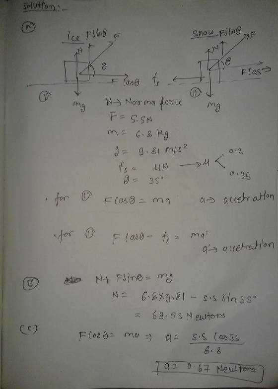 Solution :- Ice Fling F Show FInar Flos IL PF lose EU N Norma pose mg F - S.SH ma 6.8 kg I = 9. & 1 m/s² 0.2 fs WN - 0 - 39 f