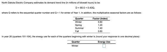 North Dakota Electric Company estimates its demand trend line (in millions of kilowatt hours) to be: D = 80.0 + 0.43Q, where