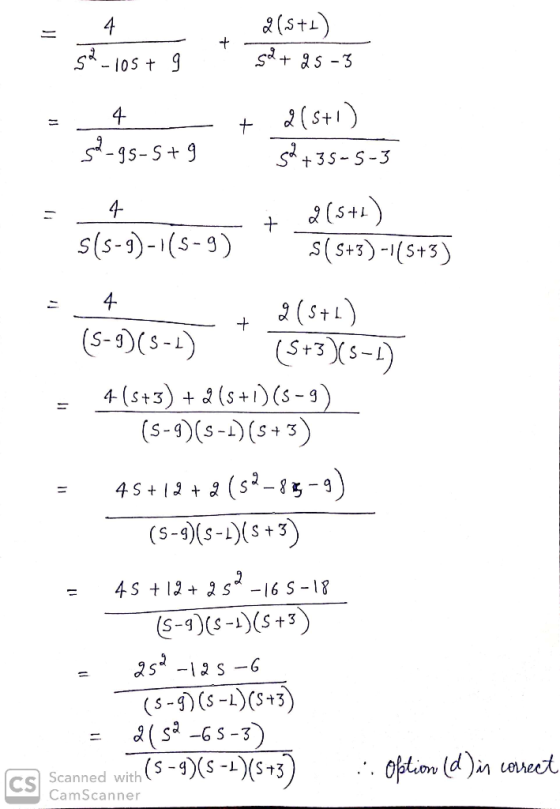 + 2(5+1) = 4 . (5+) s² - 105+ 9 S2+gs-3 = 4 + 2(5+1) - 5-gs-s+9 32 + 35-5-3 = 4 5(3-9)-1(3-9) s(s+3) -1(5+3) = 4 _ 2(5+1) (S-