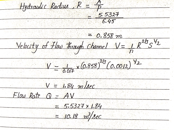 Hydraulic Radius , R = À 5.5327 6.45 = 0.858 m . Velocity of flow through chamel V = Lipos tax (0.858) (0.0012) Y2 d O. 0/3 V