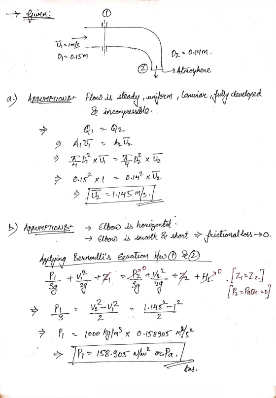 > Given: Upciml? D = 0.15M D2 = 0.14M. ☺ 4 samophere 2.) AEKUMPTIOMBA flow is steady, seniform , lanviare fully developed . &