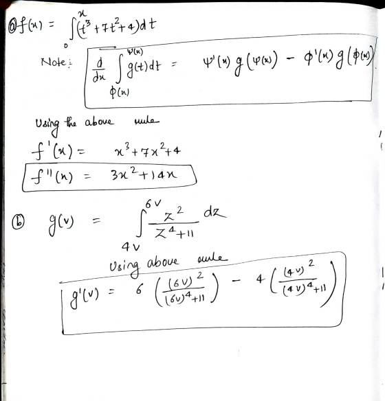 Of(u) = st* ++++4)dt gct)dt = Note 1 dl Y(u) g (46w) - $(W)g (96) plu) Using the above rule f(x)= x² + 7x²44 If(n) = 3x²+l