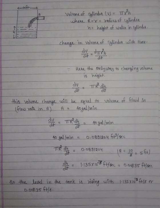 1oft Volume af alindr (v)TTYh where REY-radius of ylindr aflindor he helght of wahe in change in valum of Cylindar with time