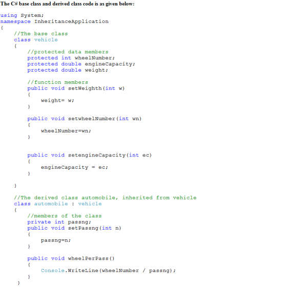 The C# base class and derived class code is as given below: using System; namespace InheritanceApplication //The base class c