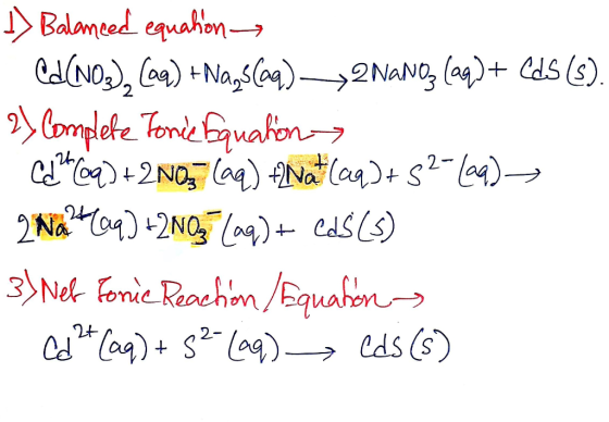 » Balanced equation Cd (NO3), (aq) +Nagslag)2NaNO3 lag )+ Cds (s). 2) Complete Tonie Equation ce aloq) + 2NO3(aq) +2Nat(aq)+