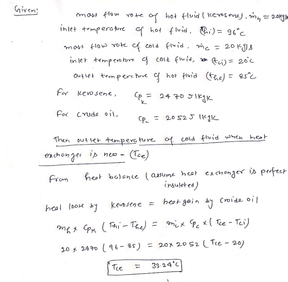 Given! - mass flow rate of hot fluid (kerosene), mn = 20kg inlet temperature of hot fluid. Thi)=96°C moss flow rate of cold f