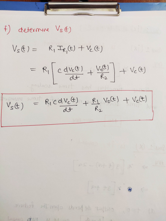 f) determine Vs (A) Vs (t) = R, IR, (t) + Vect) Ri Vot) e dvect) at + ve + Vect) R2 8 Vs(t) Ricave(t) + Å Volt) + Velt) R₂ at