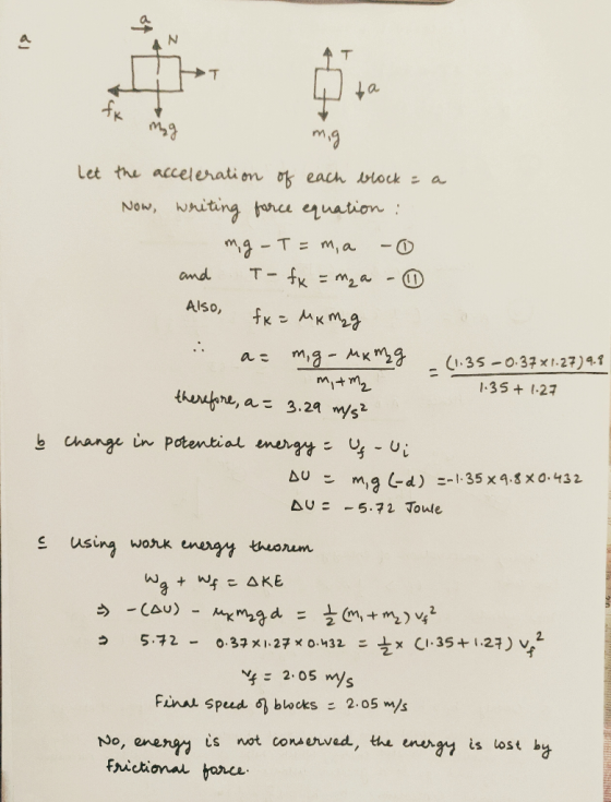 N T a Mg Let the acceleratiom ok each tock a whiting tonce enuation Now, ma T =m, a T f m2 -O and AlSo, .. a mg- M 1.35 -0.37