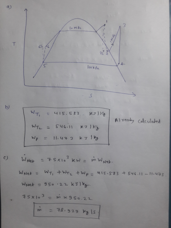 lomra dywizo 25 lookpa b) = 415.583 RJ11g Already calculated WT2 = subill kilkg Wp = 11.473 kJ 1 kg c) Wines = 75x103 kW = in