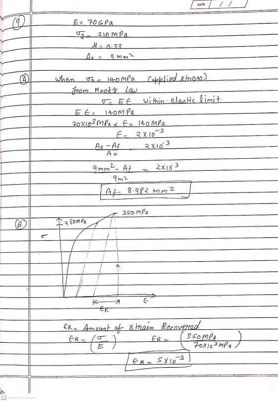 DATE // E= 70GP a Jy 210 mPa. M = 0.33 A 9 mm? a ) when Ja - 14ompa Cappplied smes). from Mooks Law T. EF within elastic lim