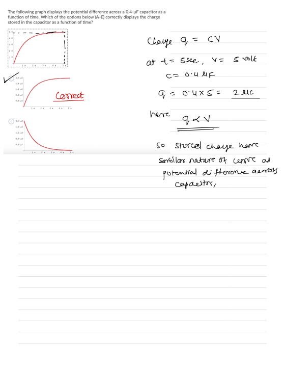 The following graph displays the potential difference across a 0.4-uF capacitor as a function of time. Which of the options b
