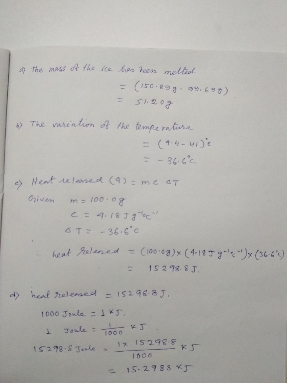 a the mass dt the ice as Reen melliol (@69.66-868-as1) S1209 6The varcation d he tempe rature = (44-41)e = -36.6c Hert relea2
